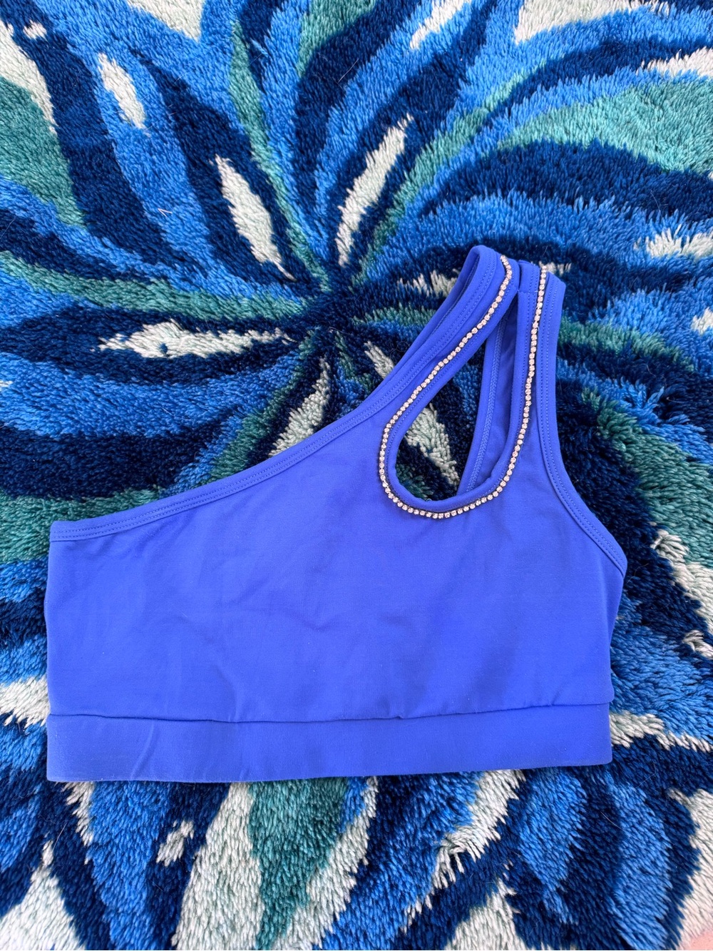 Women’s Rhinestone One-Shoulder Sports Bra in Electric Blue pageant activewear